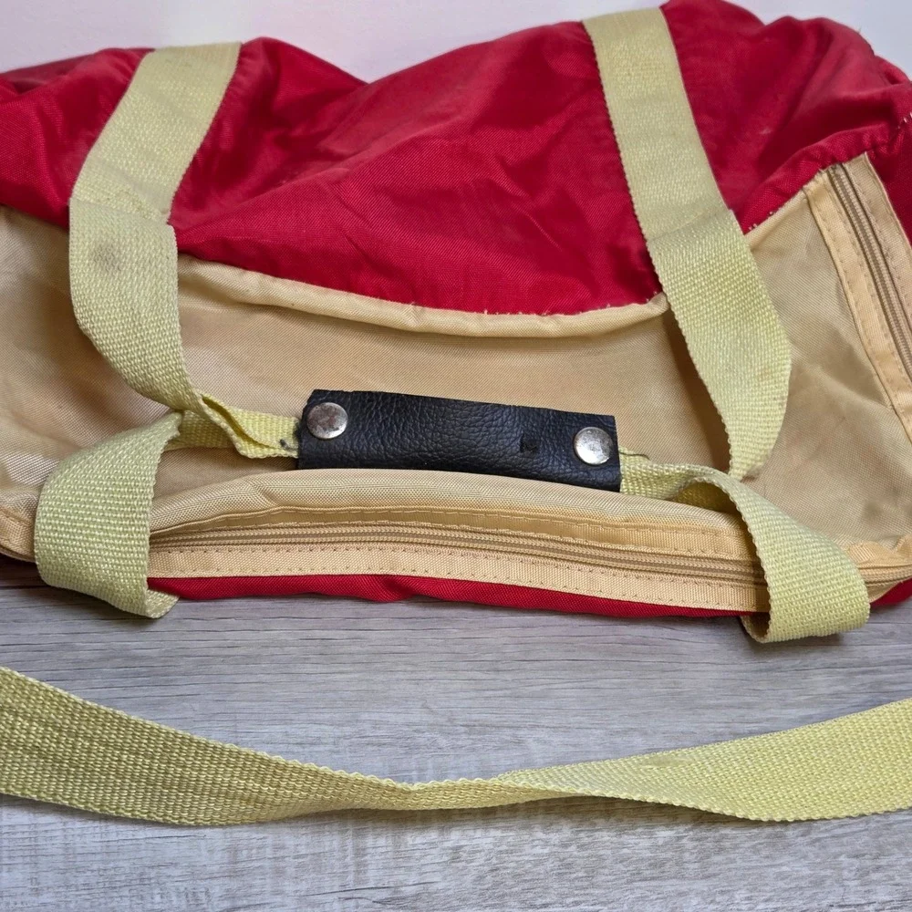 Vintage US Sport Red Nylon Duffel Bag Gym Travel Weekender Tan Straps 80s Korea